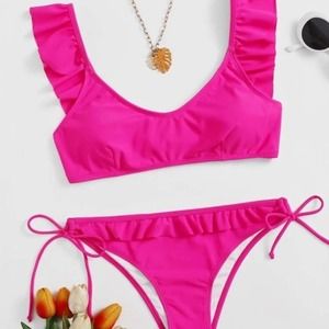 Hot pink ruffle trim tie side scoop wireless bra lined bikini swimsuit Sz XL